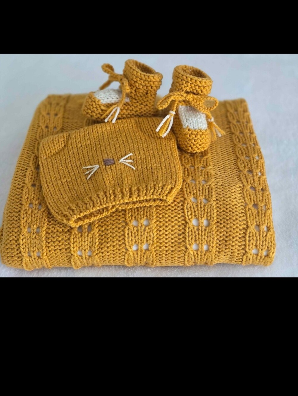 Hand-Knit Mustard Baby Blanket, Booties & Hat Set